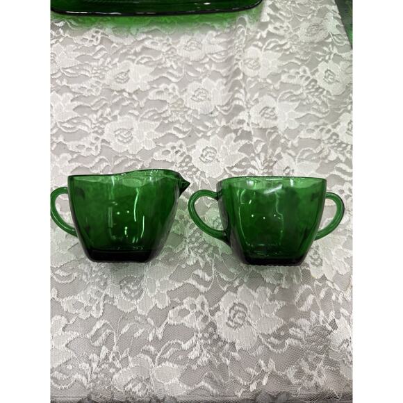 Vintage Anchor Hocking Charm Forest Green Square Creamer & Sugar - Picture 1 of 8